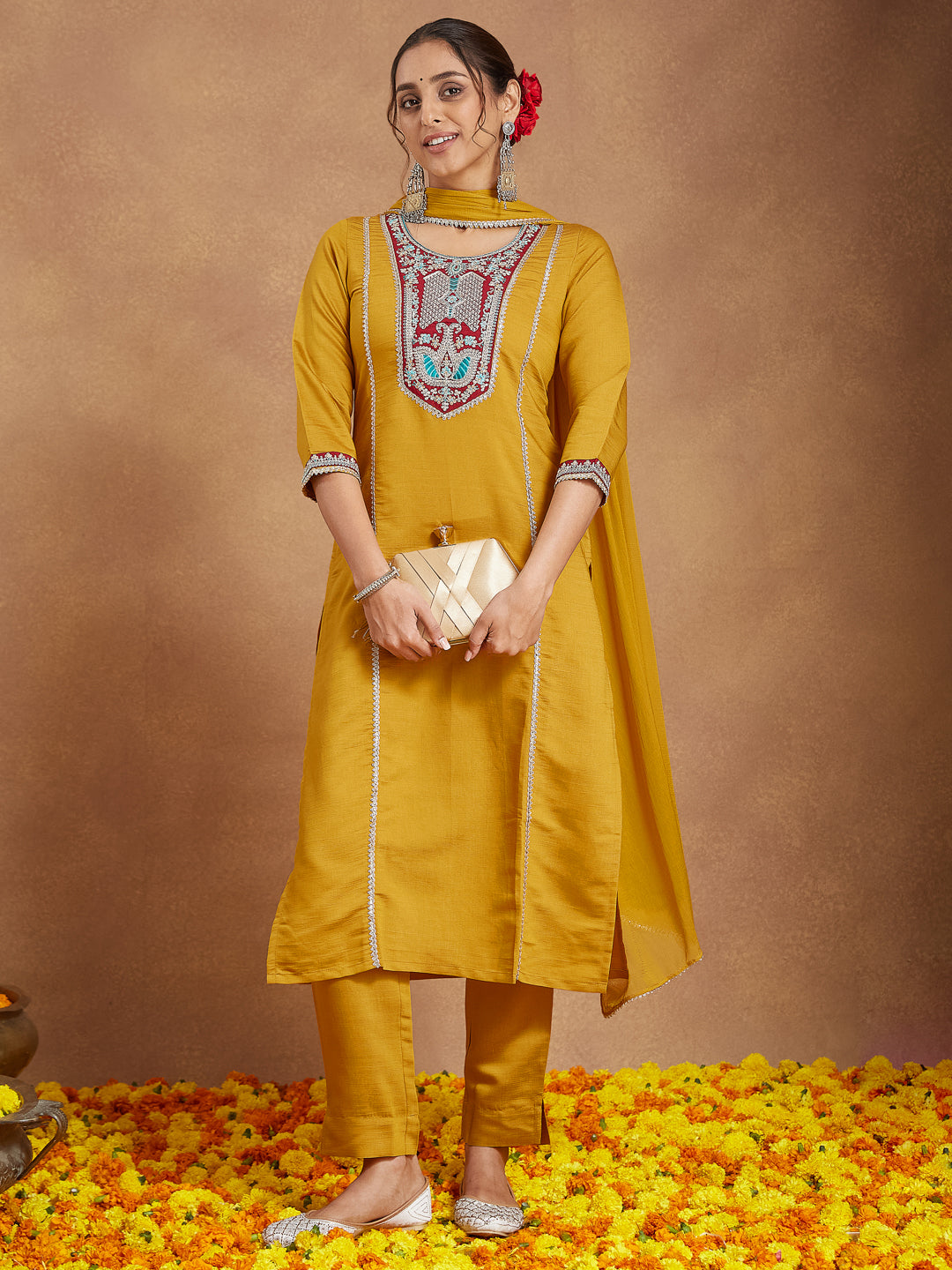 Women's Mustard Silk Blend Embroidered Straight Kurta Set