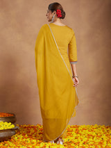 Women's Mustard Silk Blend Embroidered Straight Kurta Set