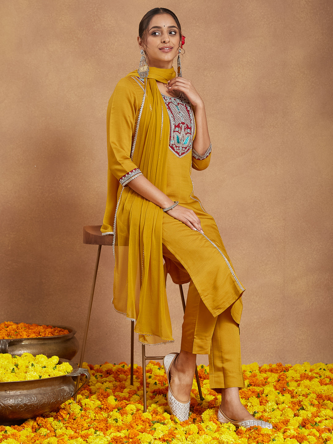Women's Mustard Silk Blend Embroidered Straight Kurta Set