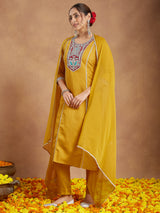 Women's Mustard Silk Blend Embroidered Straight Kurta Set