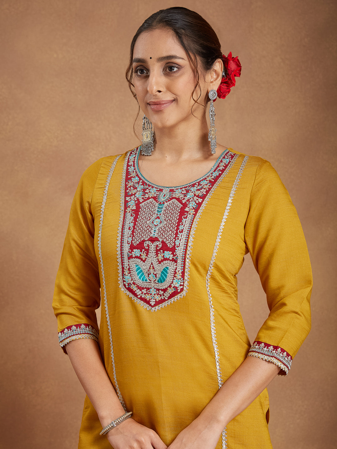 Women's Mustard Silk Blend Embroidered Straight Kurta Set