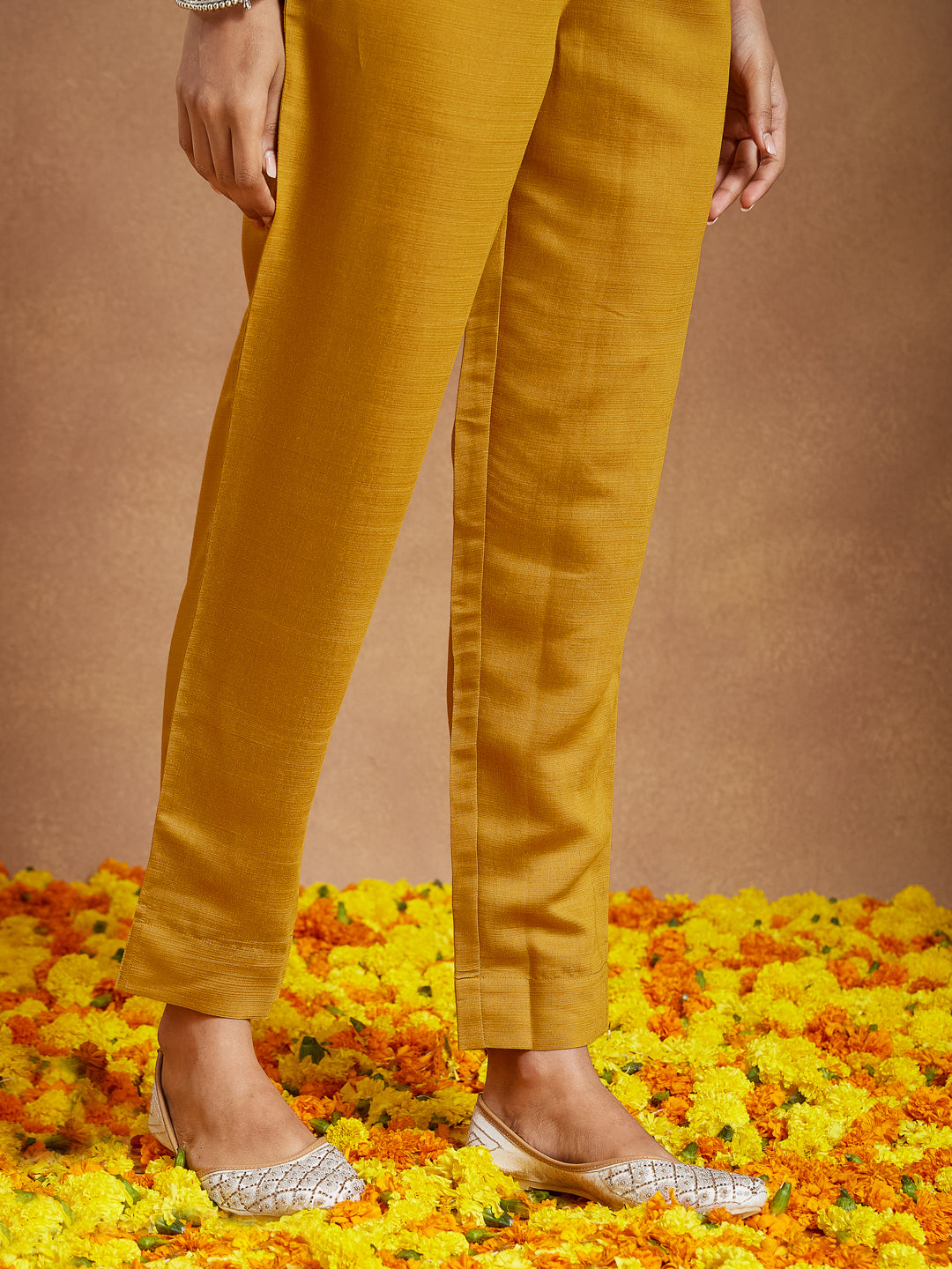 Women's Mustard Silk Blend Embroidered Straight Kurta Set