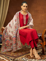 Women's Maroon Silk Blend Embellished Straight Kurta Set With Printed Dupatta Set