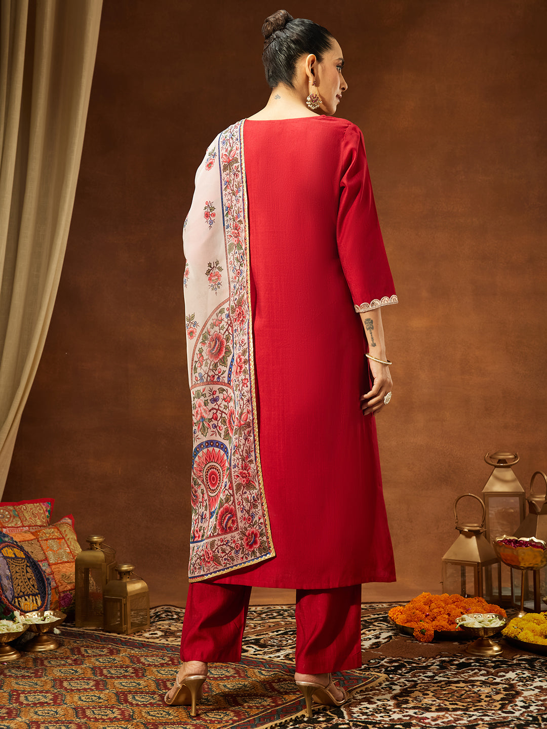 Women's Maroon Silk Blend Embellished Straight Kurta Set With Printed Dupatta Set