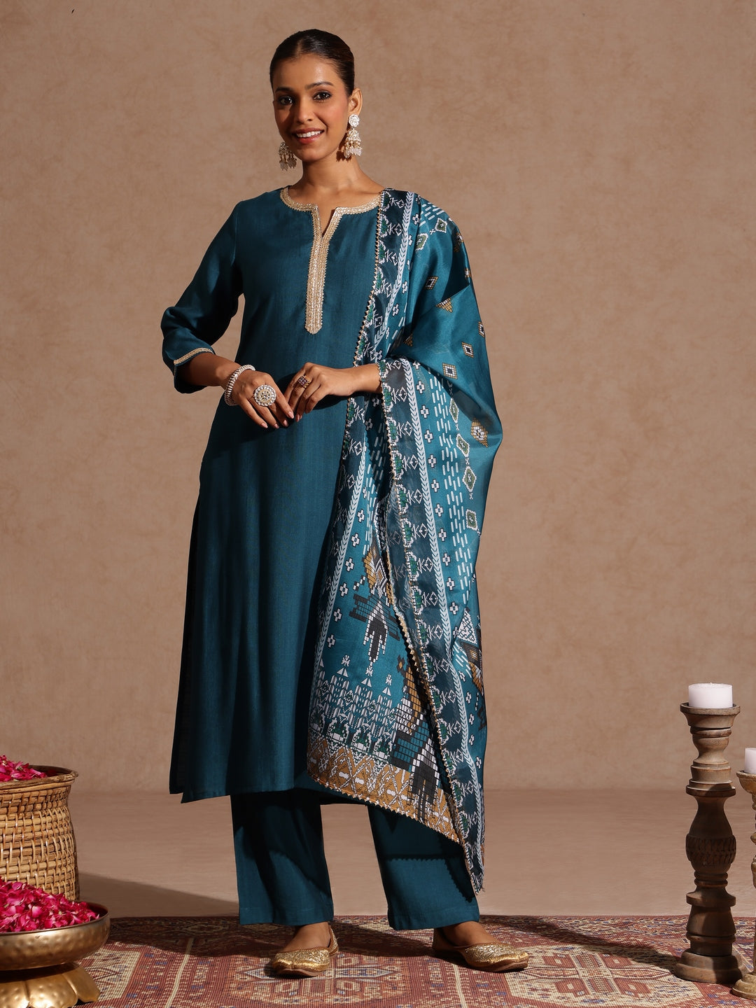 Women's Teal Blue Silk Blend Yoke Design Straight Kurta Set With Printed Jacquard Dupatta