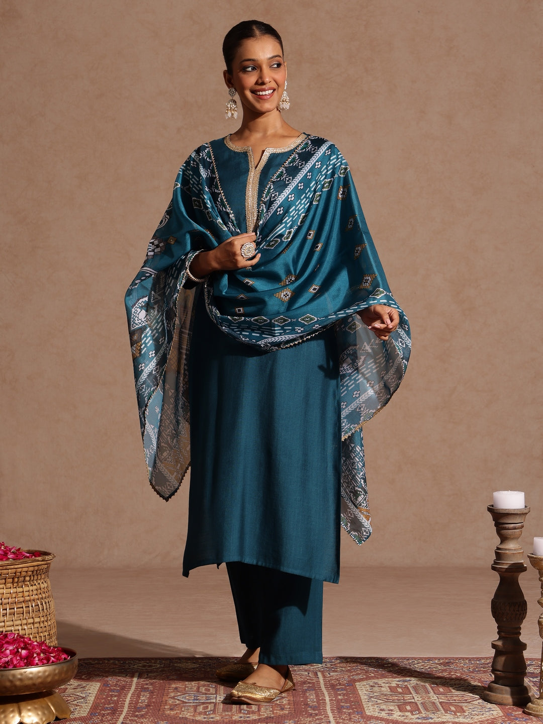 Women's Teal Blue Silk Blend Yoke Design Straight Kurta Set With Printed Jacquard Dupatta