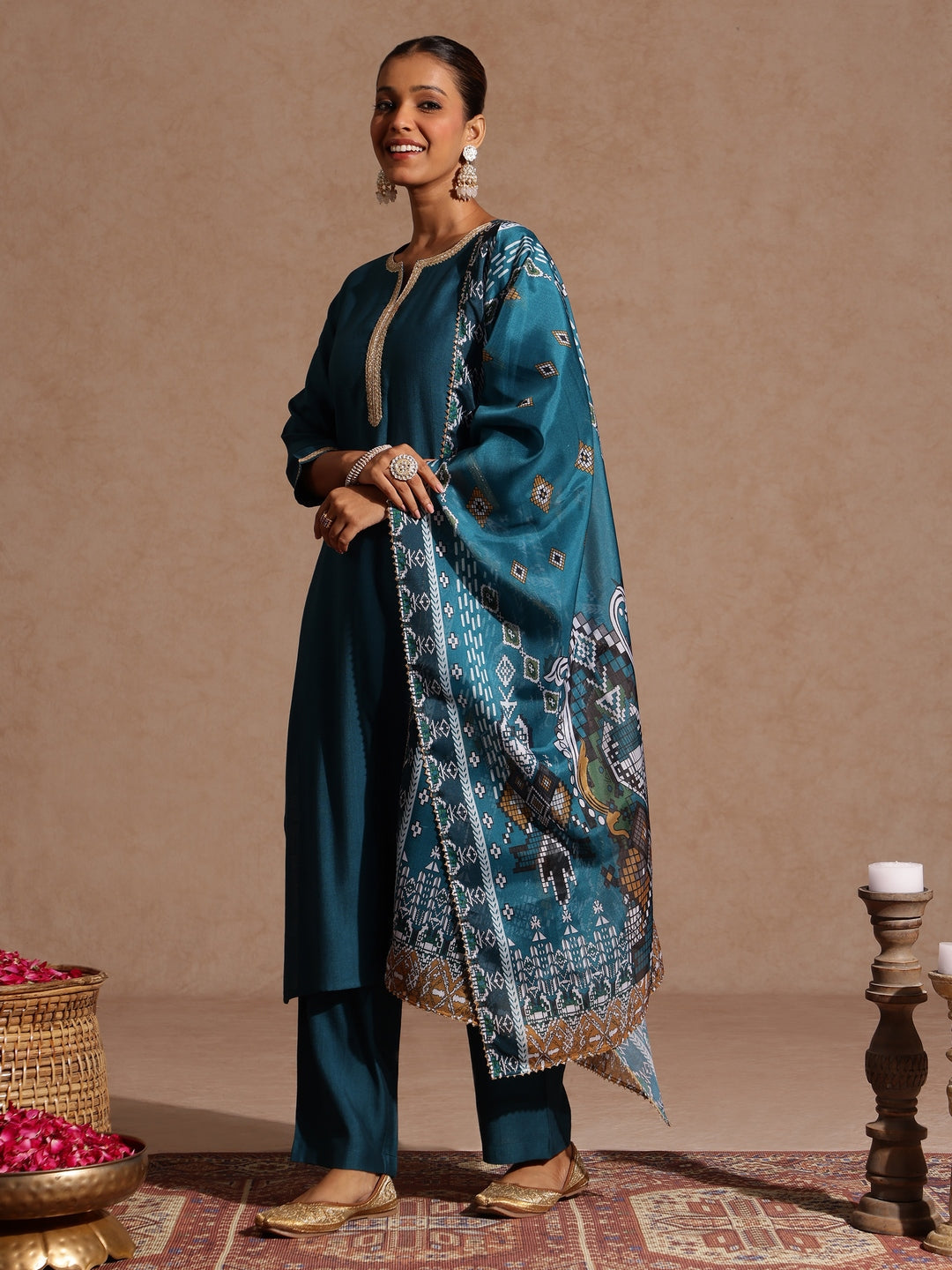 Women's Teal Blue Silk Blend Yoke Design Straight Kurta Set With Printed Jacquard Dupatta