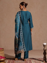 Women's Teal Blue Silk Blend Yoke Design Straight Kurta Set With Printed Jacquard Dupatta