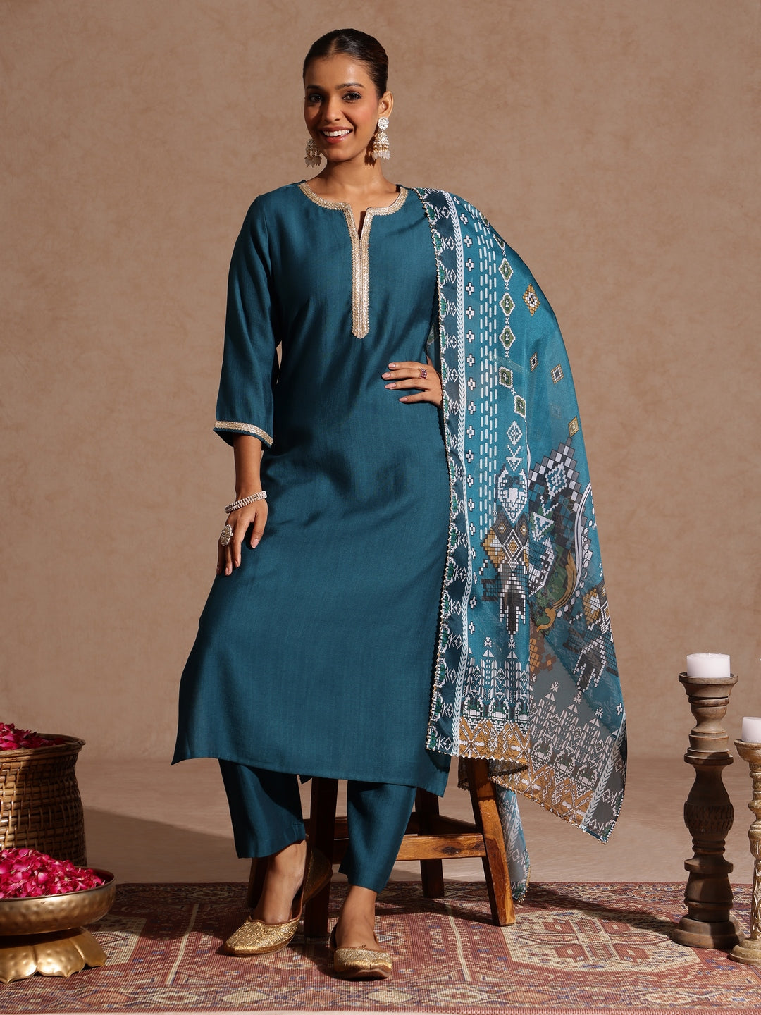 Women's Teal Blue Silk Blend Yoke Design Straight Kurta Set With Printed Jacquard Dupatta