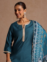 Women's Teal Blue Silk Blend Yoke Design Straight Kurta Set With Printed Jacquard Dupatta