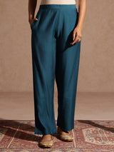 Women's Teal Blue Silk Blend Yoke Design Straight Kurta Set With Printed Jacquard Dupatta