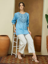 Women's Sky Blue Pure Cotton Embroidered Straight Tunic