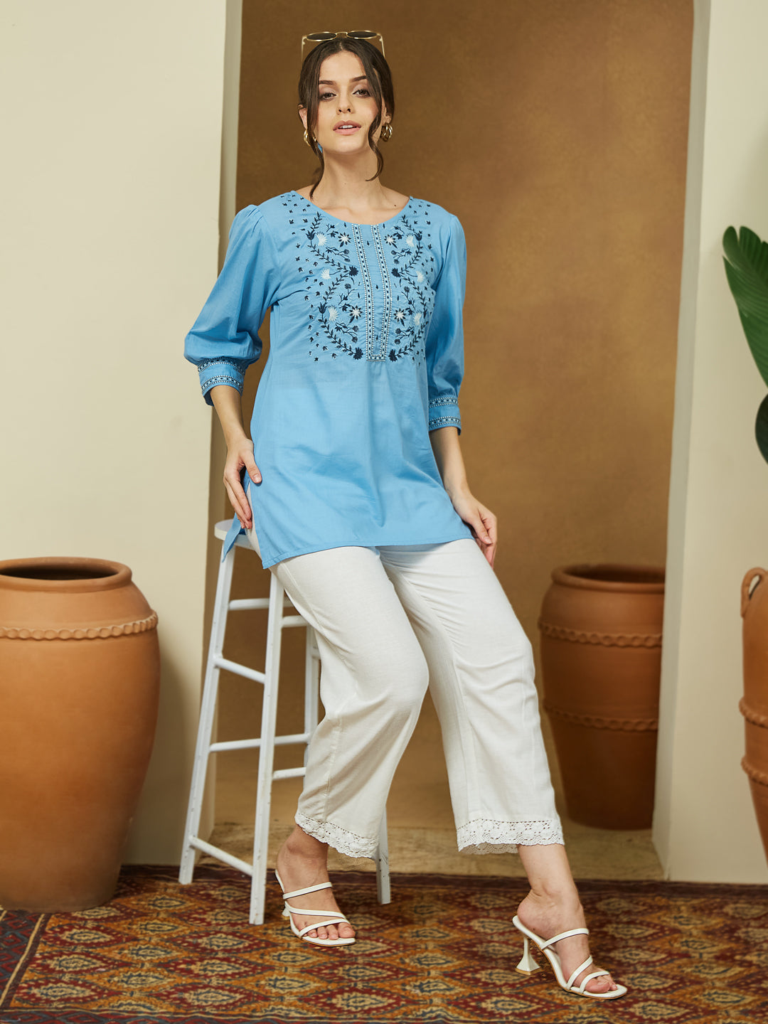 Women's Sky Blue Pure Cotton Embroidered Straight Tunic