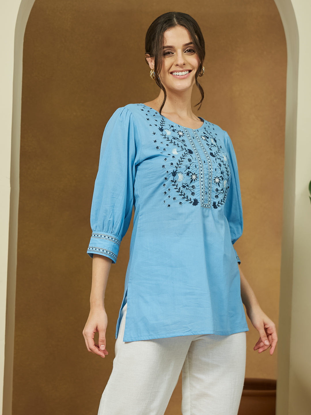 Women's Sky Blue Pure Cotton Embroidered Straight Tunic