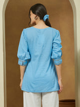 Women's Sky Blue Pure Cotton Embroidered Straight Tunic