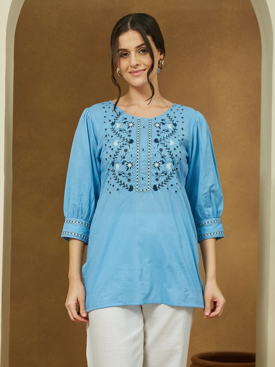 Women's Sky Blue Pure Cotton Embroidered Straight Tunic