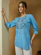 Women's Sky Blue Pure Cotton Embroidered Straight Tunic