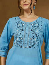 Women's Sky Blue Pure Cotton Embroidered Straight Tunic