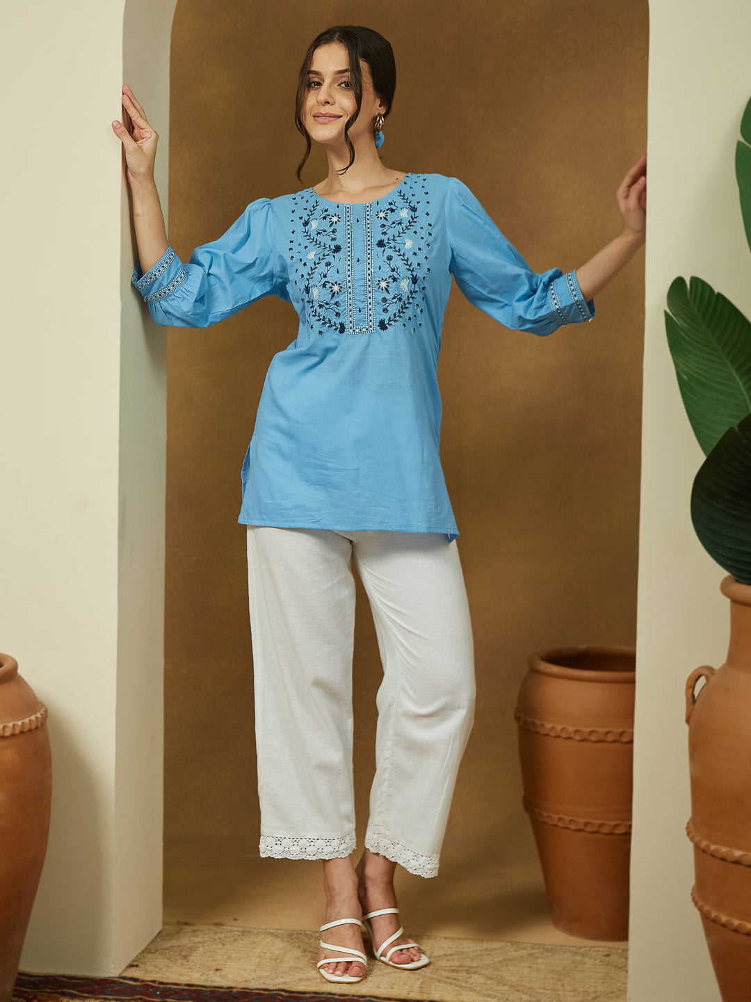 Women's Sky Blue Pure Cotton Embroidered Straight Tunic