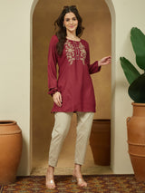 Women's Maroon Rayon Embroidered Straight Short Kurti