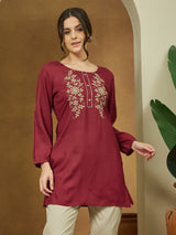 Women's Maroon Rayon Embroidered Straight Short Kurti