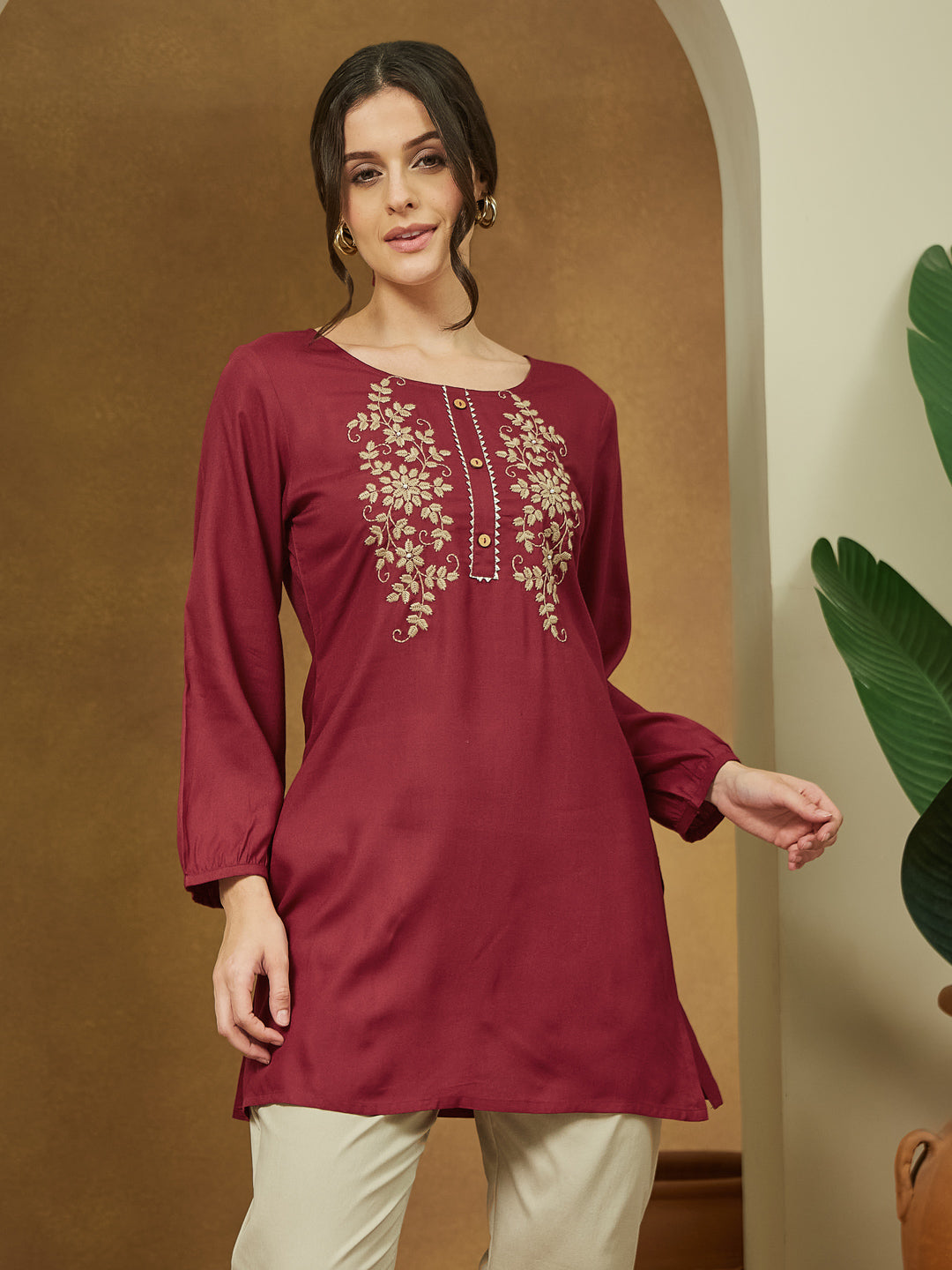 Women's Maroon Rayon Embroidered Straight Short Kurti