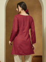 Women's Maroon Rayon Embroidered Straight Short Kurti
