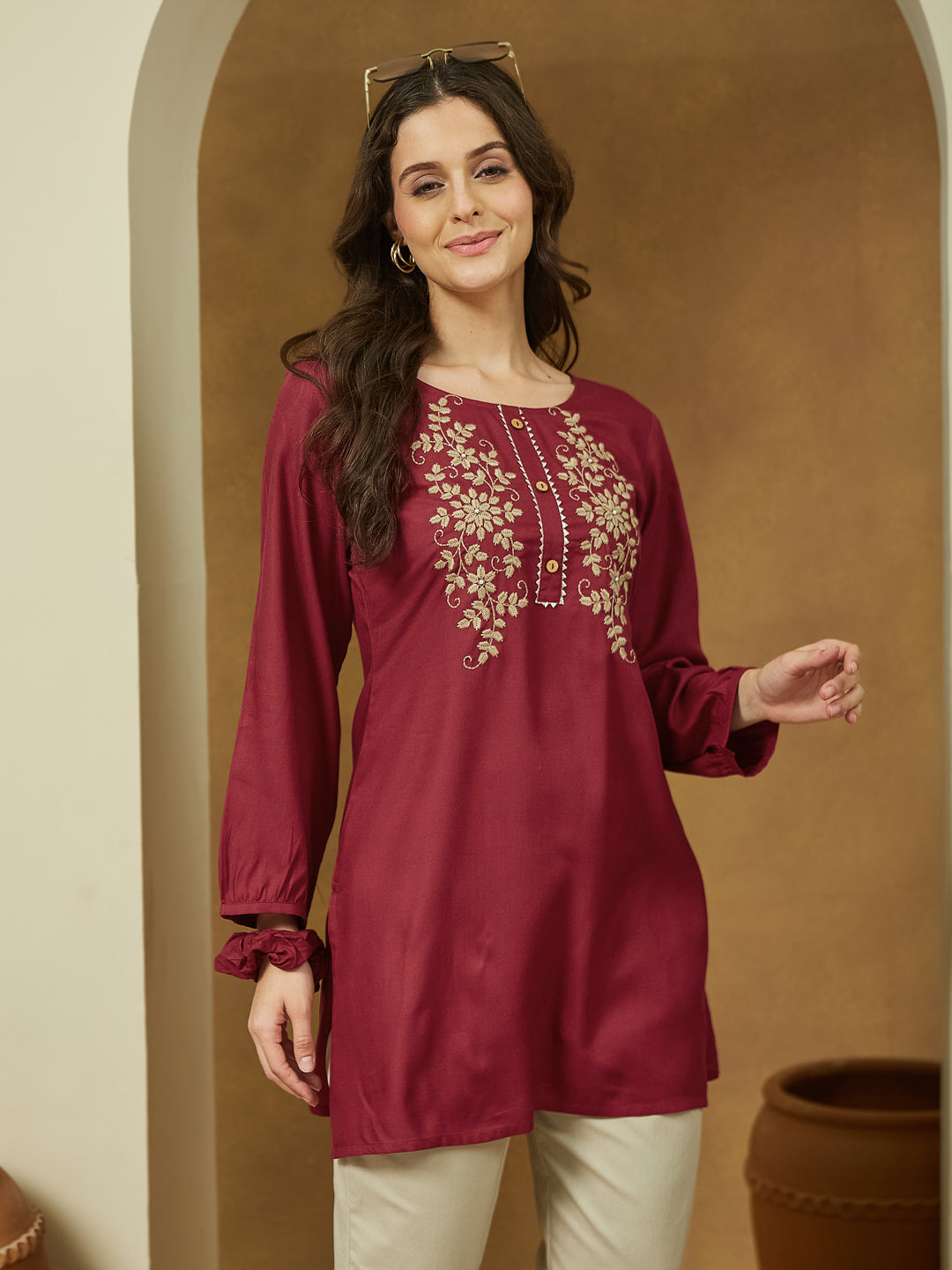 Women's Maroon Rayon Embroidered Straight Short Kurti