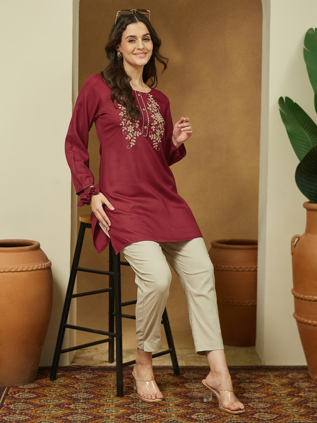 Women's Maroon Rayon Embroidered Straight Short Kurti