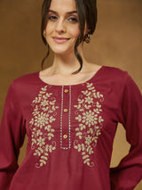 Women's Maroon Rayon Embroidered Straight Short Kurti