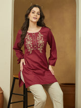 Women's Maroon Rayon Embroidered Straight Short Kurti