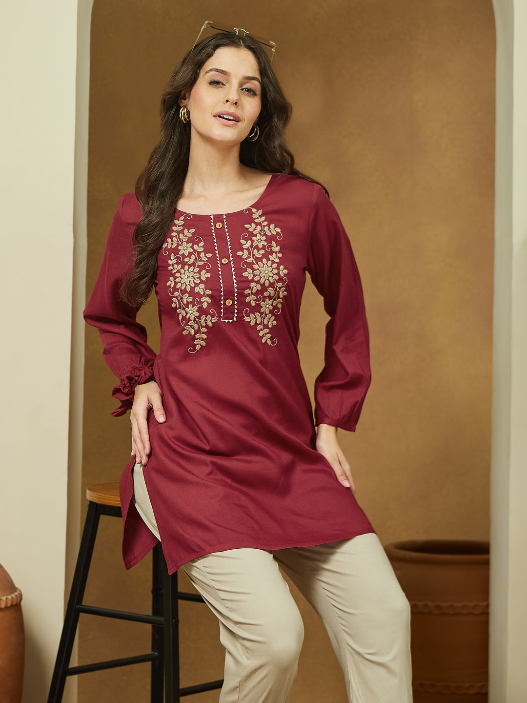Women's Maroon Rayon Embroidered Straight Short Kurti