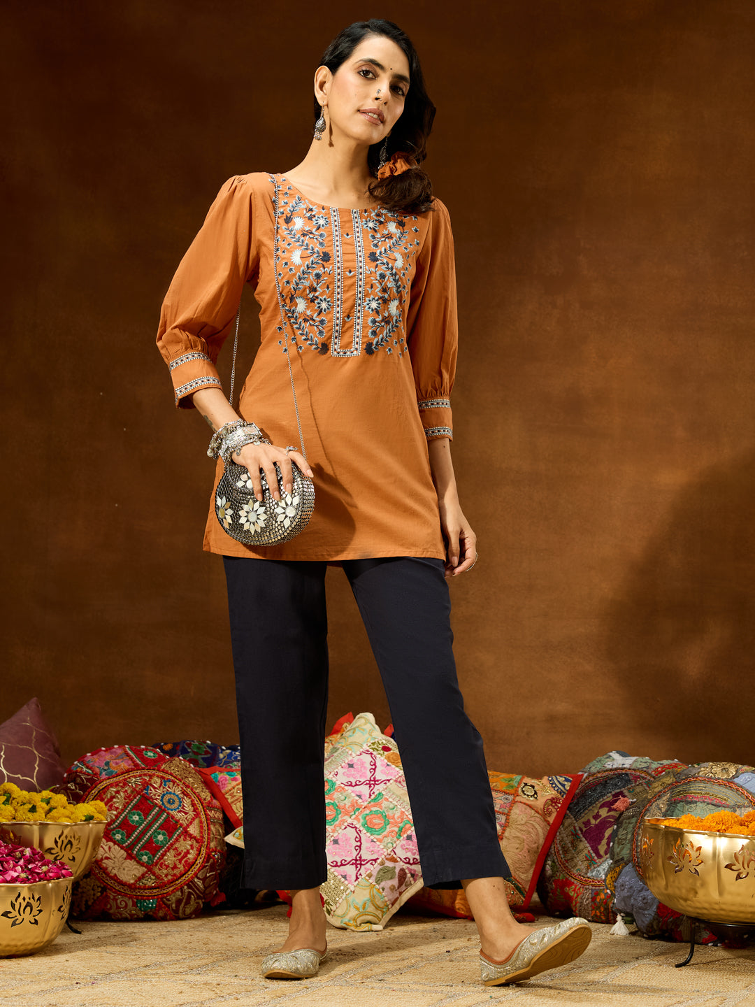 Women's Brown Pure Cotton Embroidered Straight Short Kurti