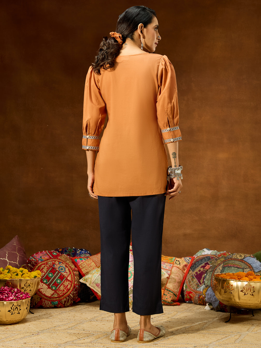 Women's Brown Pure Cotton Embroidered Straight Short Kurti