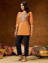 Women's Brown Pure Cotton Embroidered Straight Short Kurti