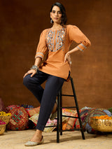 Women's Brown Pure Cotton Embroidered Straight Short Kurti