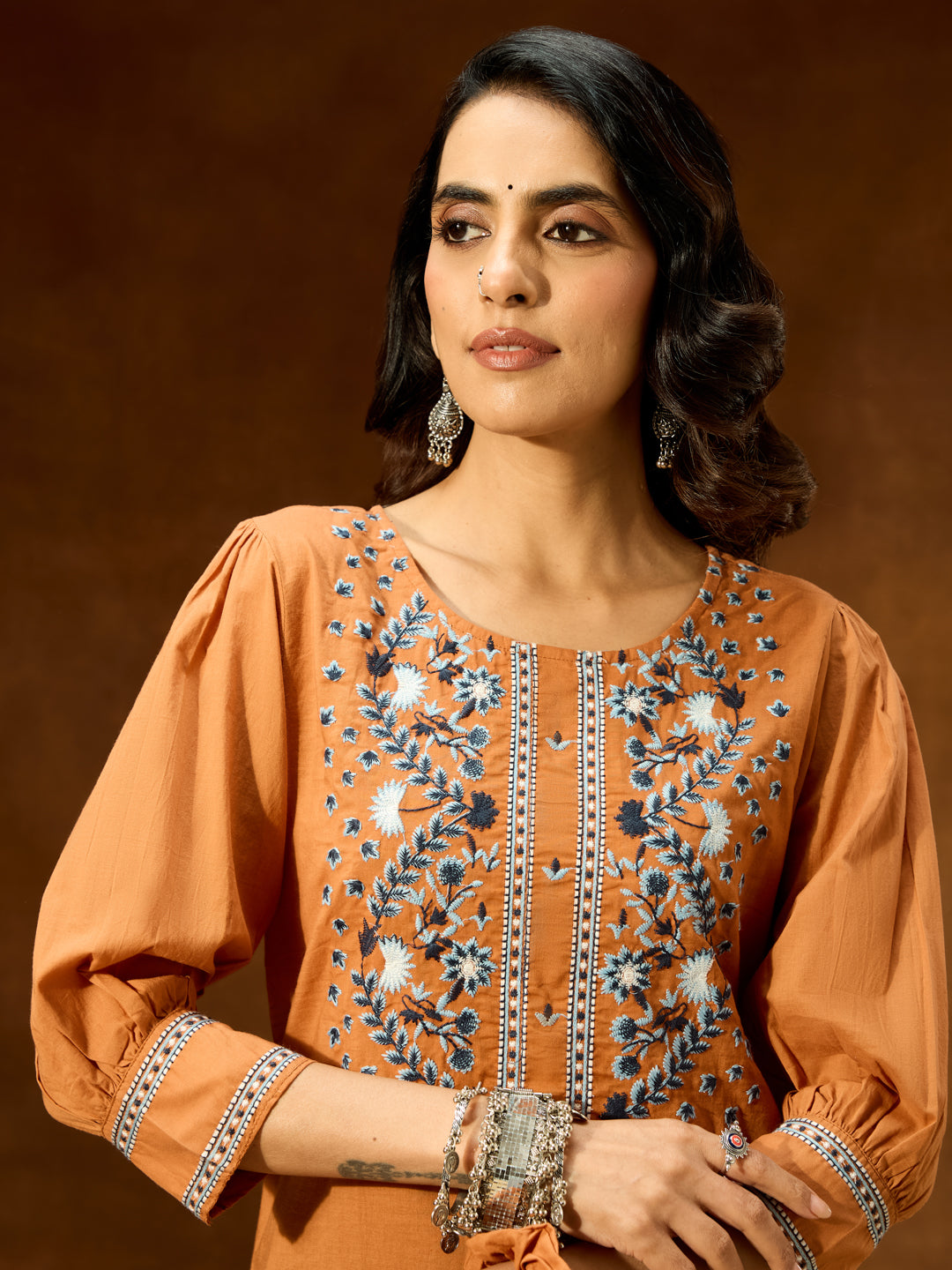 Women's Brown Pure Cotton Embroidered Straight Short Kurti