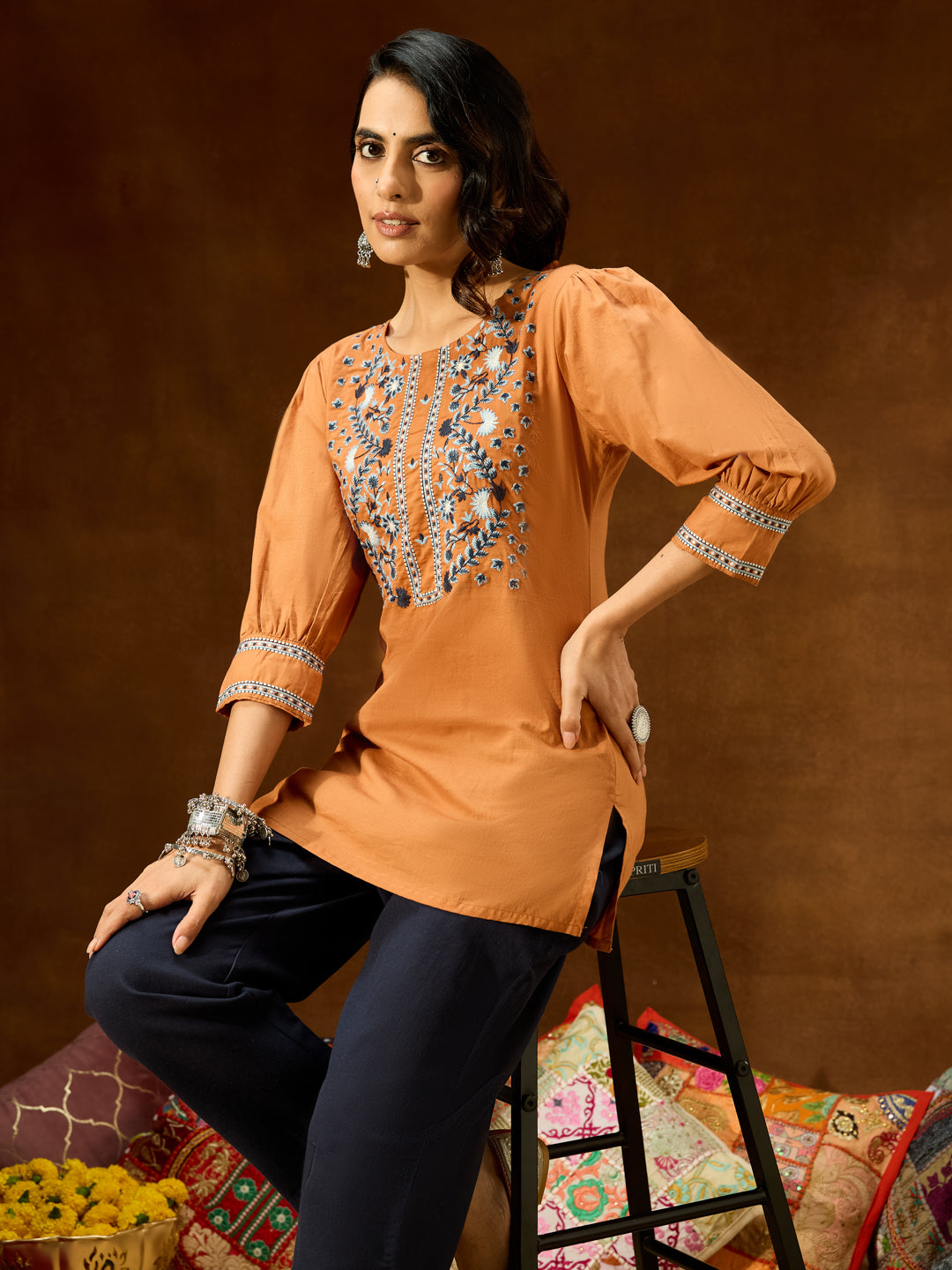 Women's Brown Pure Cotton Embroidered Straight Short Kurti