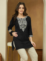 Women's Black Rayon Embroidered Straight Short Kurti
