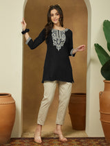 Women's Black Rayon Embroidered Straight Short Kurti