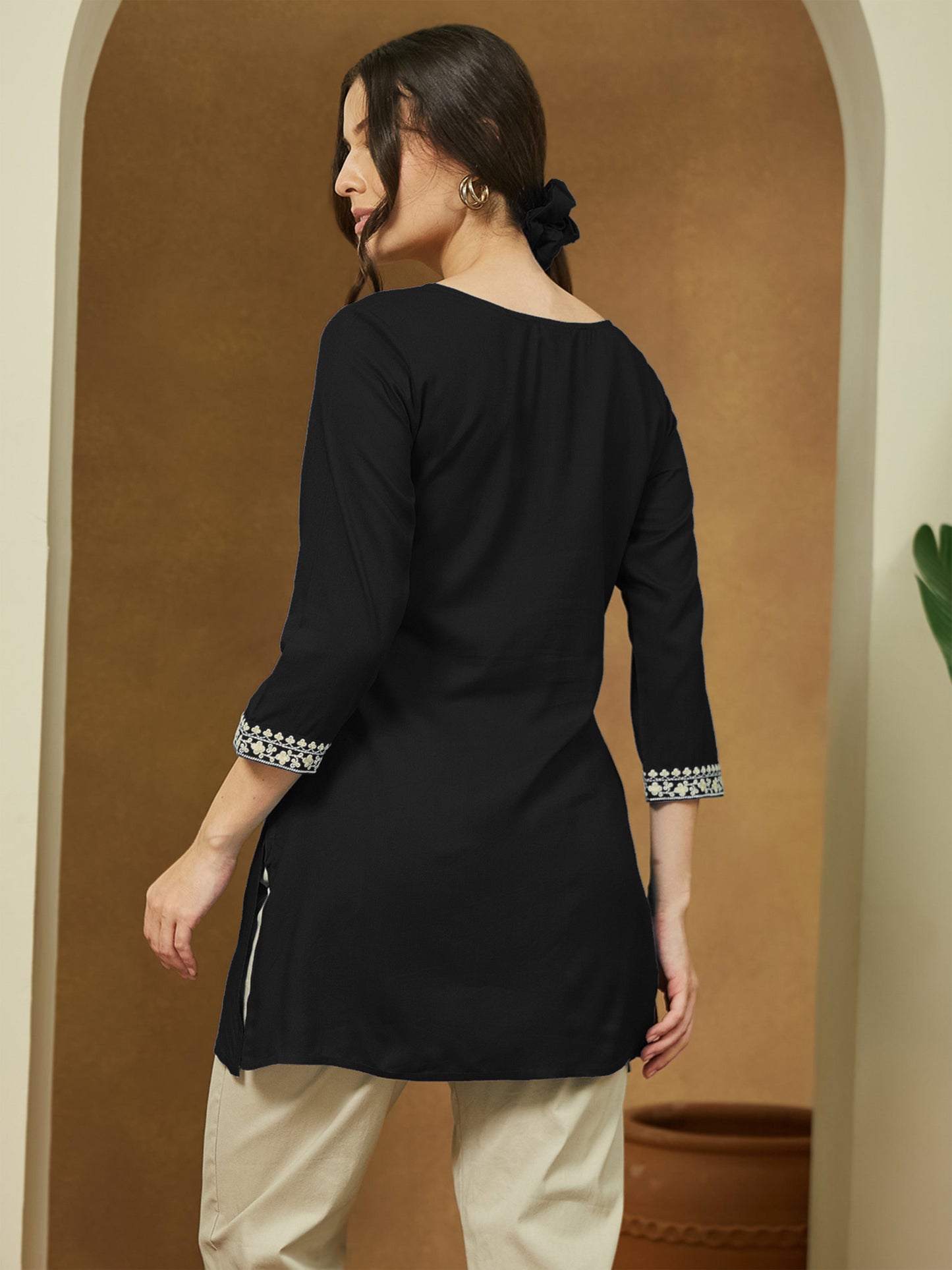 Women's Black Rayon Embroidered Straight Short Kurti