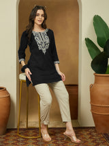 Women's Black Rayon Embroidered Straight Short Kurti