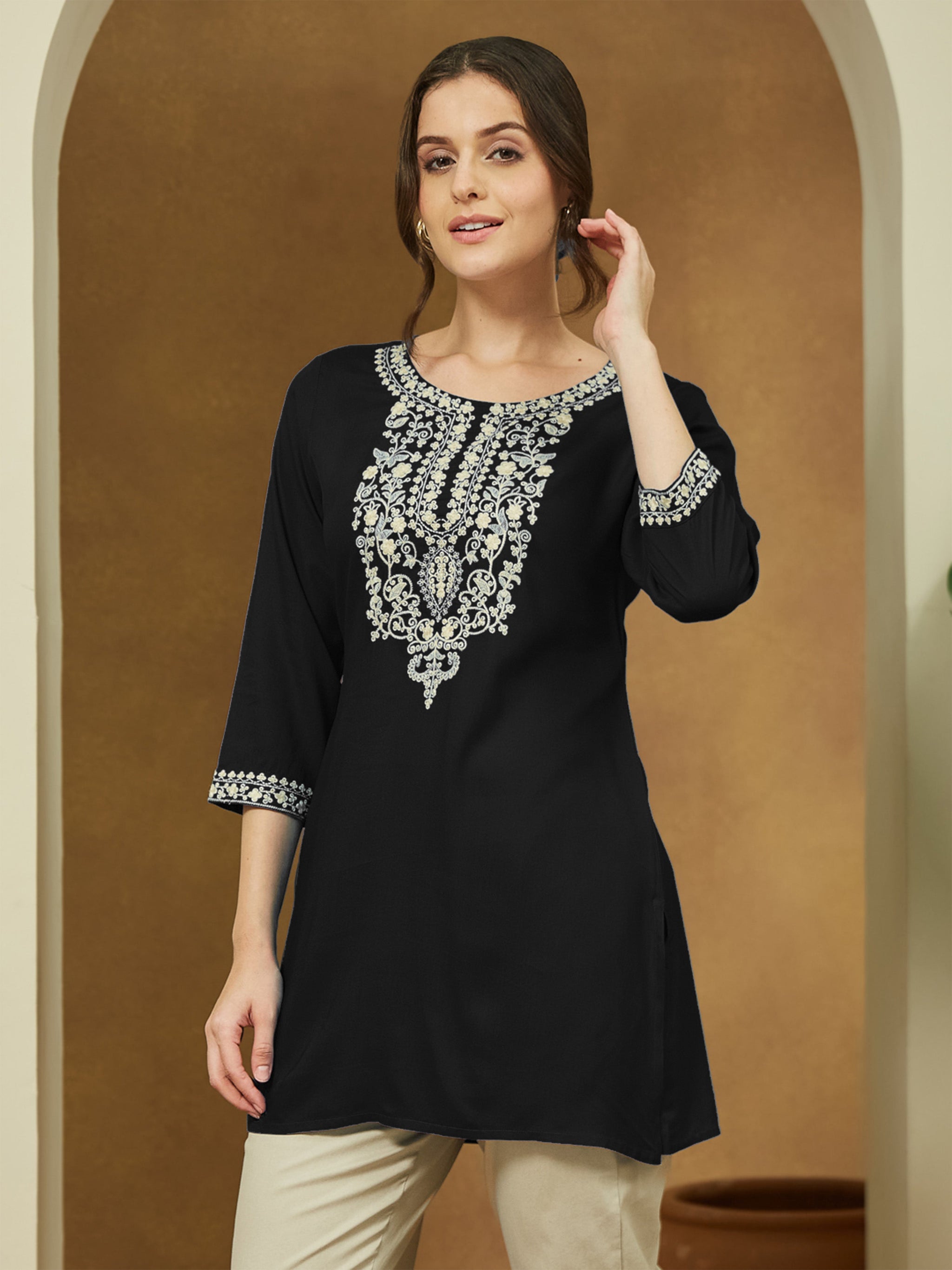 Women's Black Rayon Embroidered Straight Short Kurti