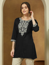 Women's Black Rayon Embroidered Straight Short Kurti