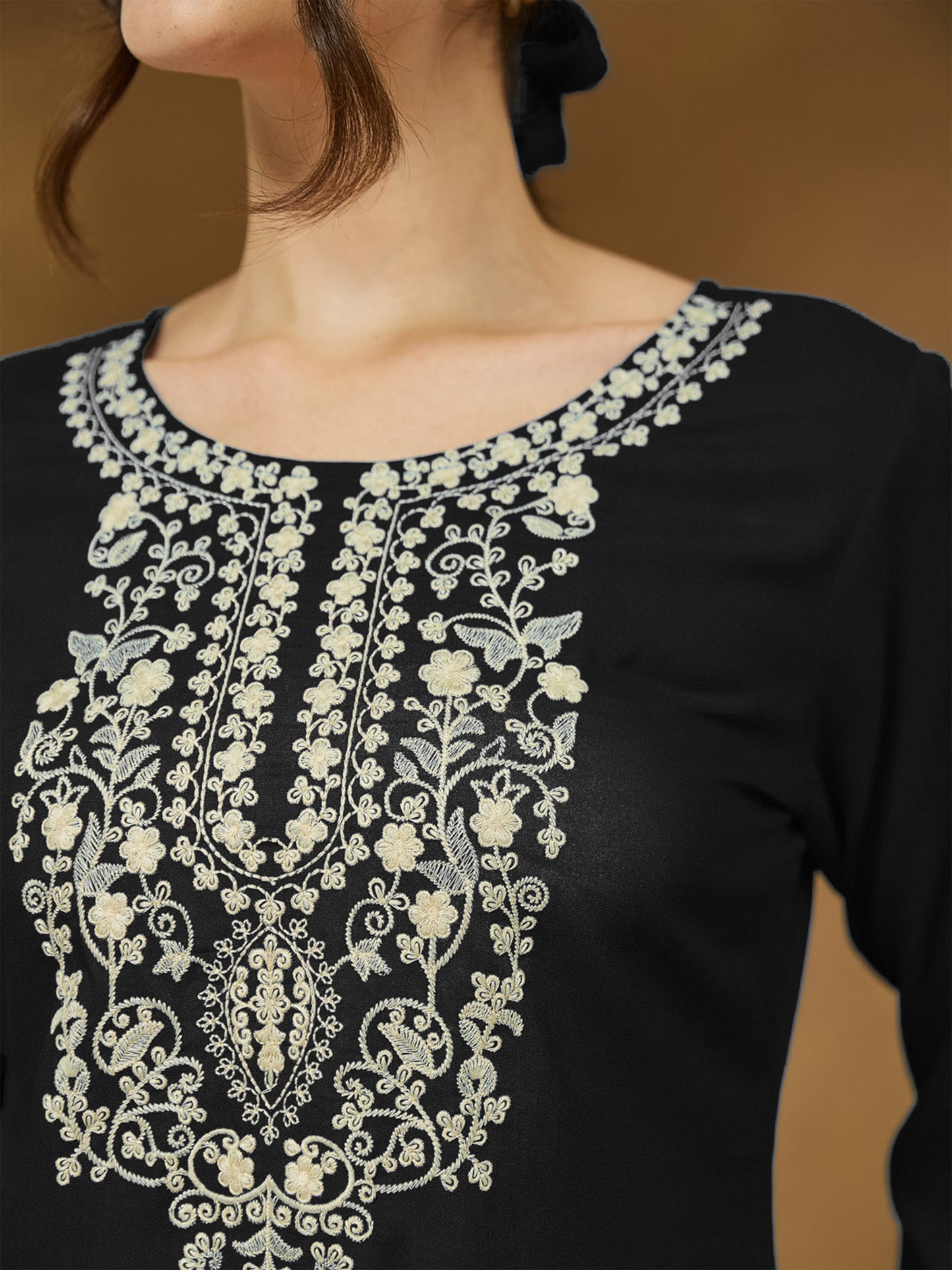 Women's Black Rayon Embroidered Straight Short Kurti