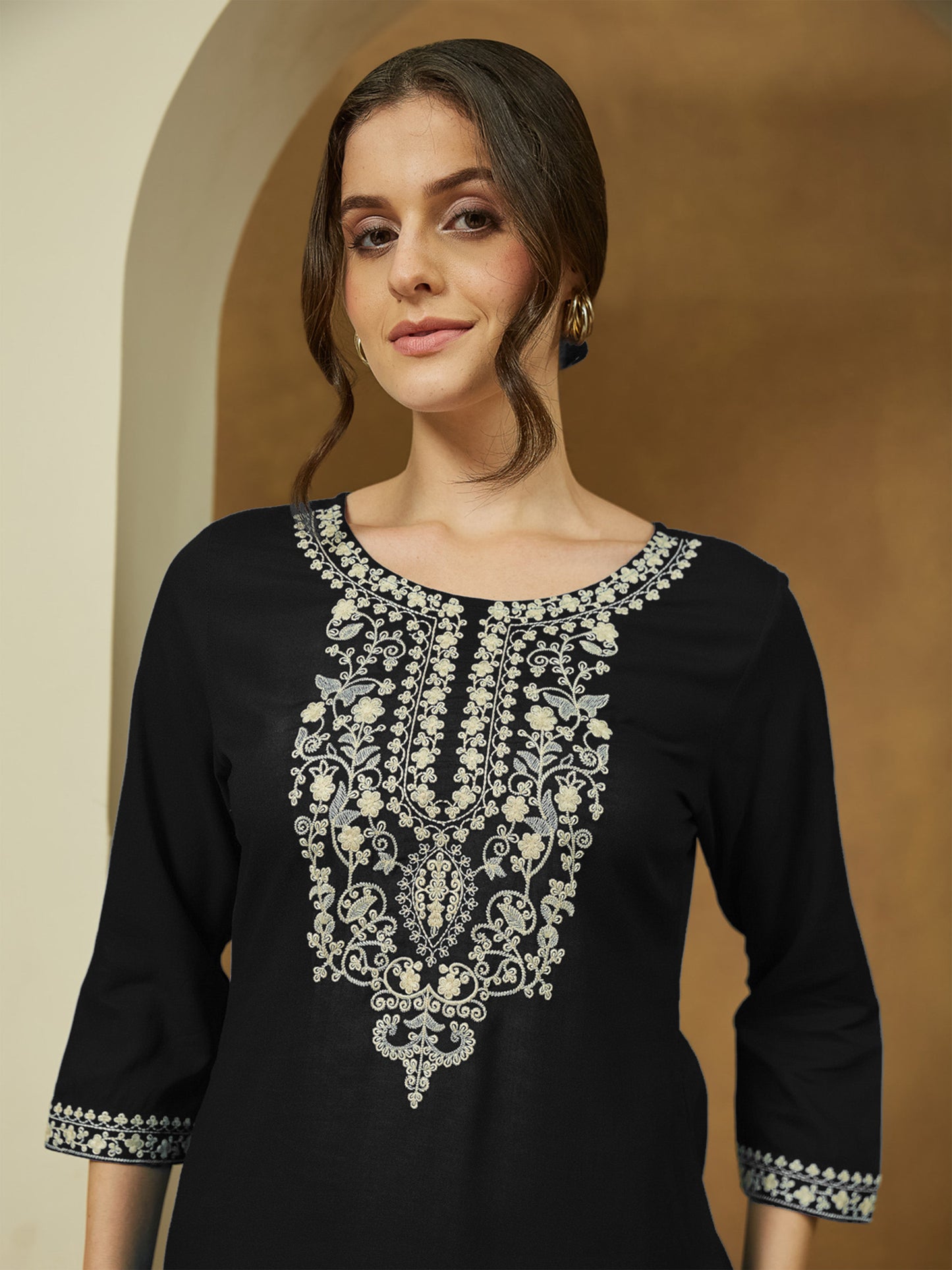 Women's Black Rayon Embroidered Straight Short Kurti