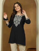 Women's Black Rayon Embroidered Straight Short Kurti