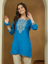 Women's Blue Rayon Embroidered Straight Short Kurti