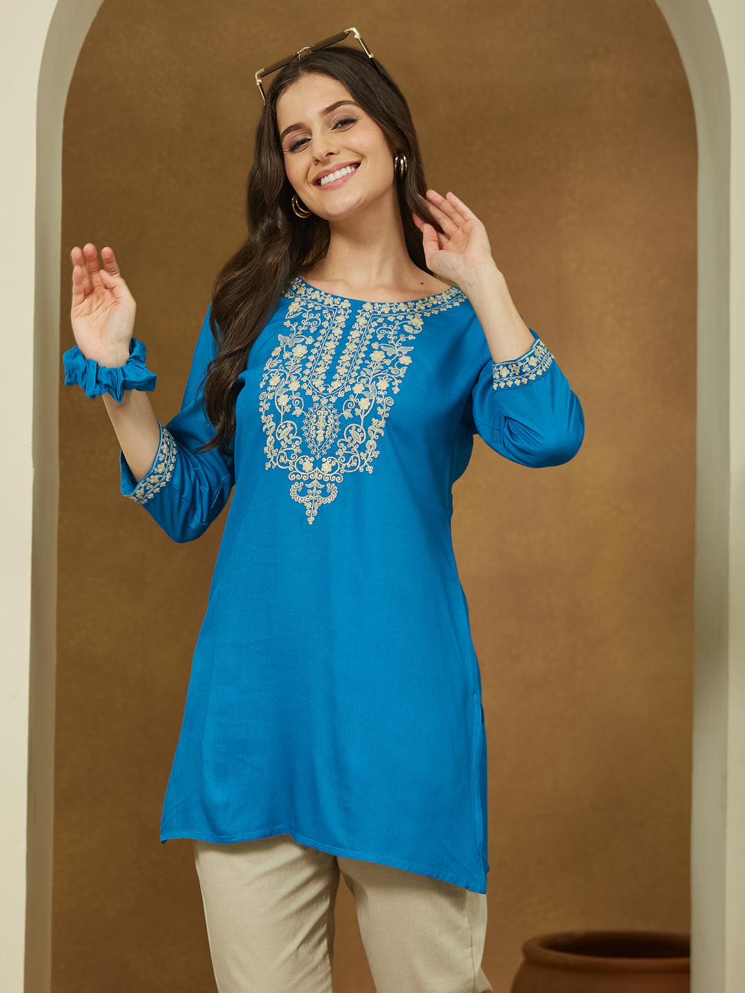 Women's Blue Rayon Embroidered Straight Short Kurti