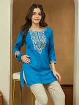 Women's Blue Rayon Embroidered Straight Short Kurti